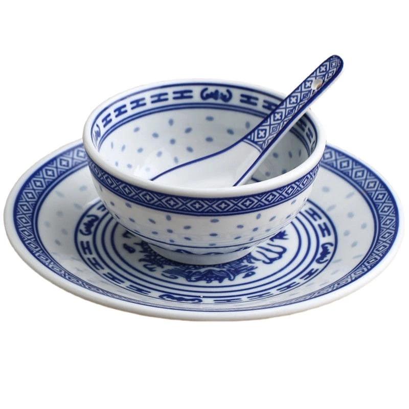 Набор пиал с драконами из сине-белого фарфора – Керамические тарелки для риса и супа с лапшой, подглазурная роспись