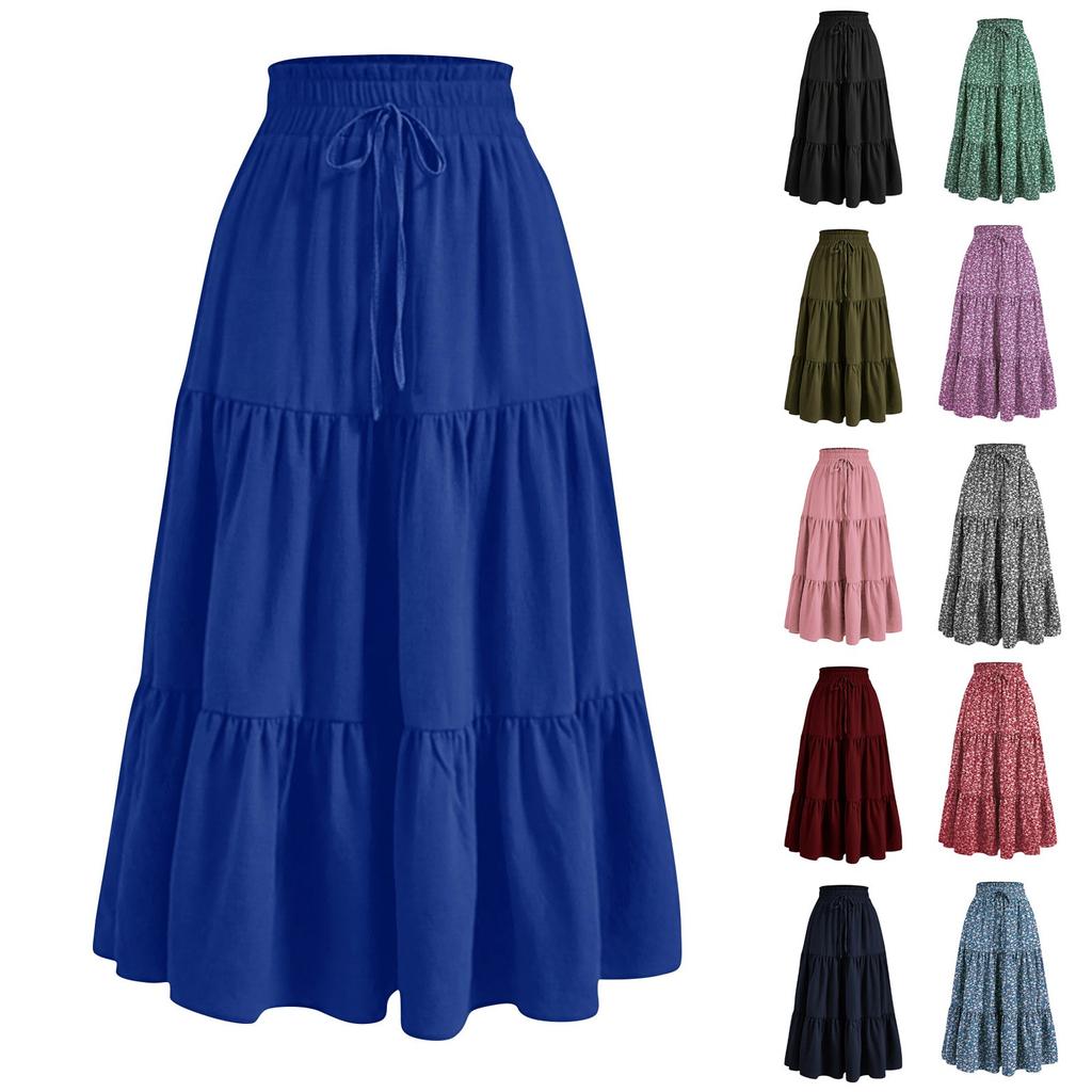 Women's Fashion Solid Color Floral Lace Elastic Waist Loose Long Skirt