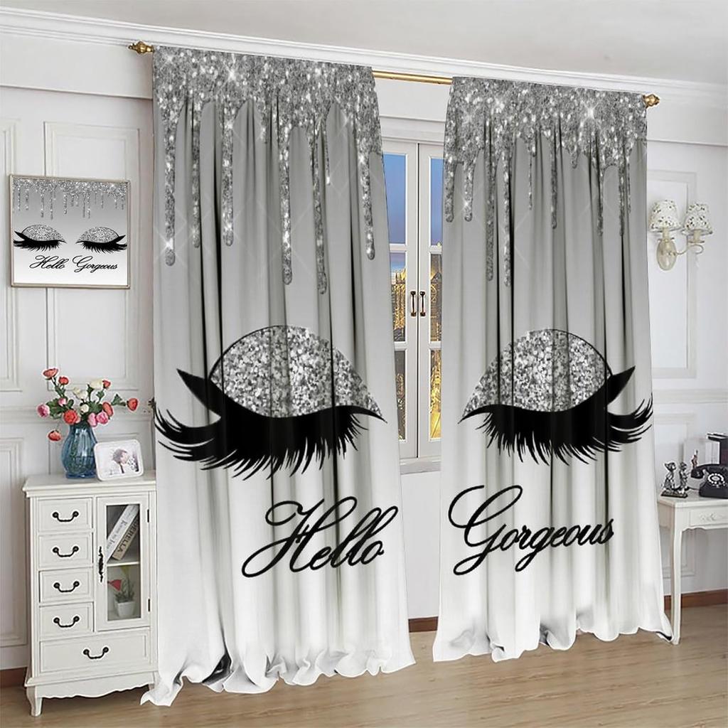 Eyelash Blackout Curtains Modern Luxury Silver Glitter Eyelash Twinkle Drips Light Grey Fashion Abstract Art Bedroom Living Room Rod Pocket