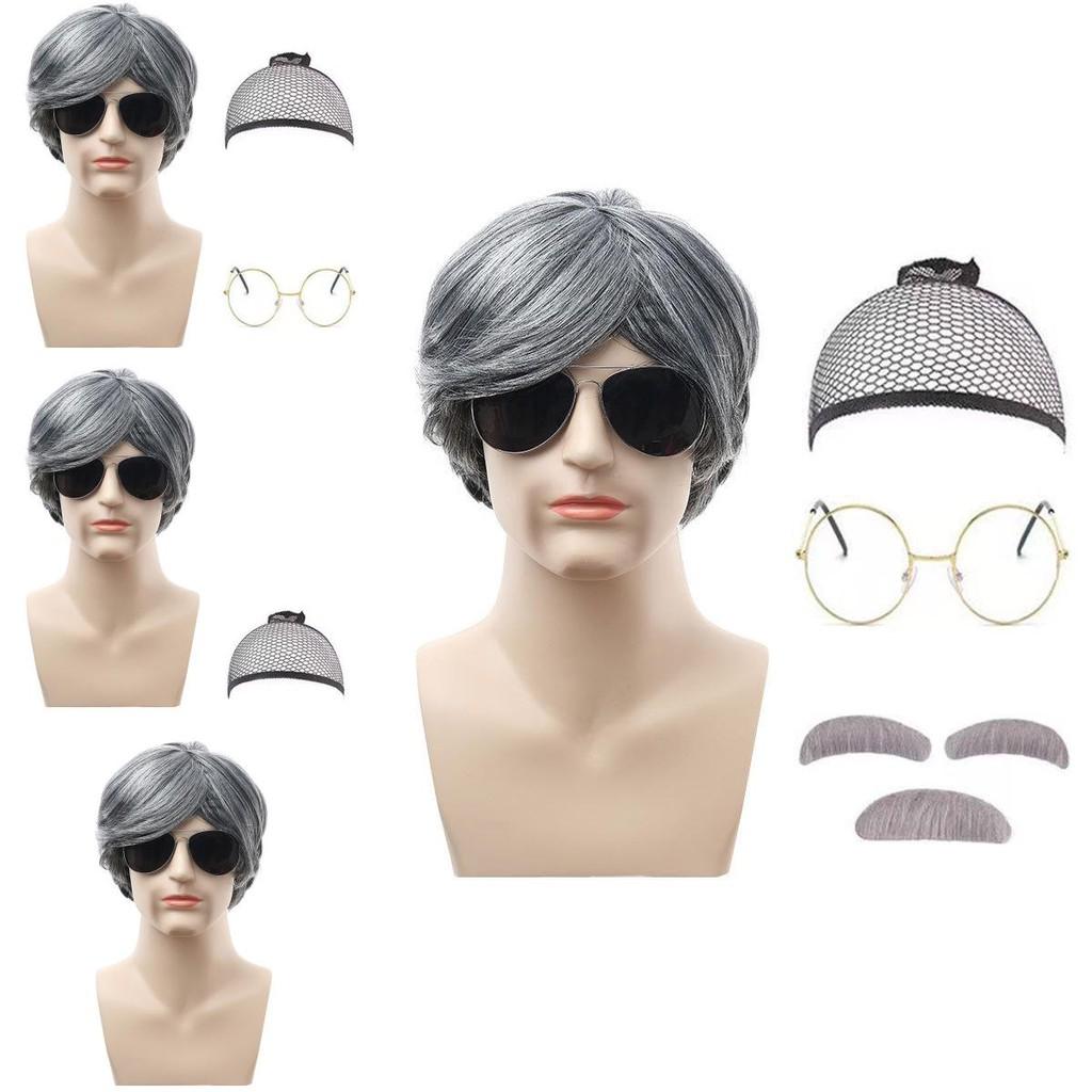 Аутентичный костюм дедушки с серым париком, аксессуарами для бороды и тростью для праздничных торжеств