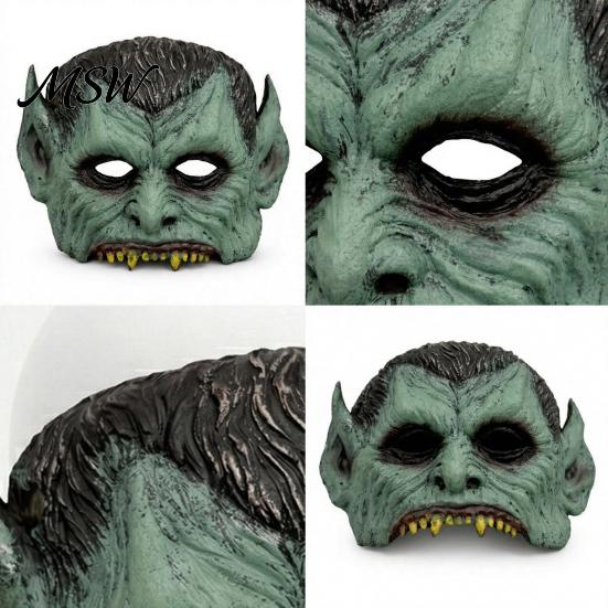 Retro Distressed Vampire Mask Green Halloween Mask, Half Face with Pointy Ears & Sharp Teeth, Creepy Costume Accessory Party Lightweight PU