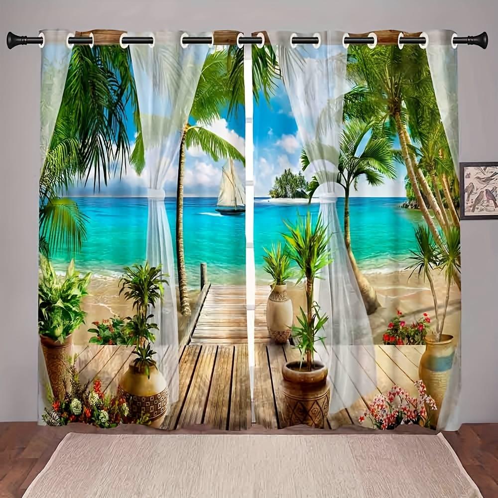 Natural Scenery Landscape Seascape Seagull Window Curtains Blinds For Living Room Bedroom Bathroom Kicthen Door Home Decor2Pcs