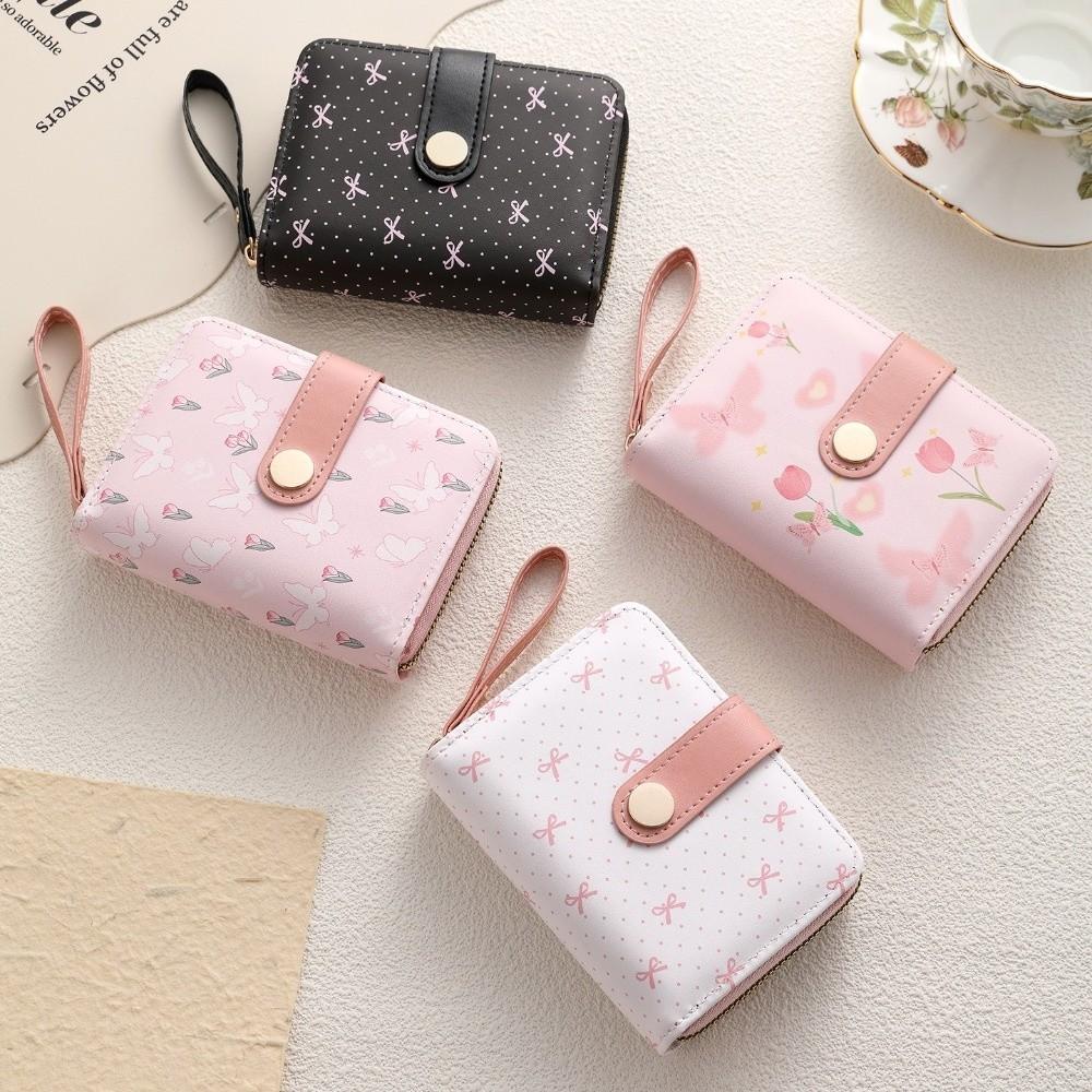 Zipper Closure Leather Short Wallet Multifuctional Bow Coin Purse Compact Polka Dots Wallet  Gift