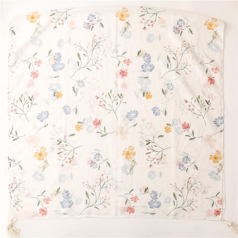 Женский элегантный и свежий хлопковый льняной шарф на ощупь с белым цветочным принтом, украшение ручной работы, кисточка, шарф, шаль