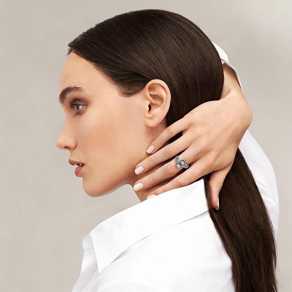 925 Vintage Silver Ring with Natural Moonstone 6*8mm Adjustable Rings Flower Bohemia Style Fine Jewelry for Women