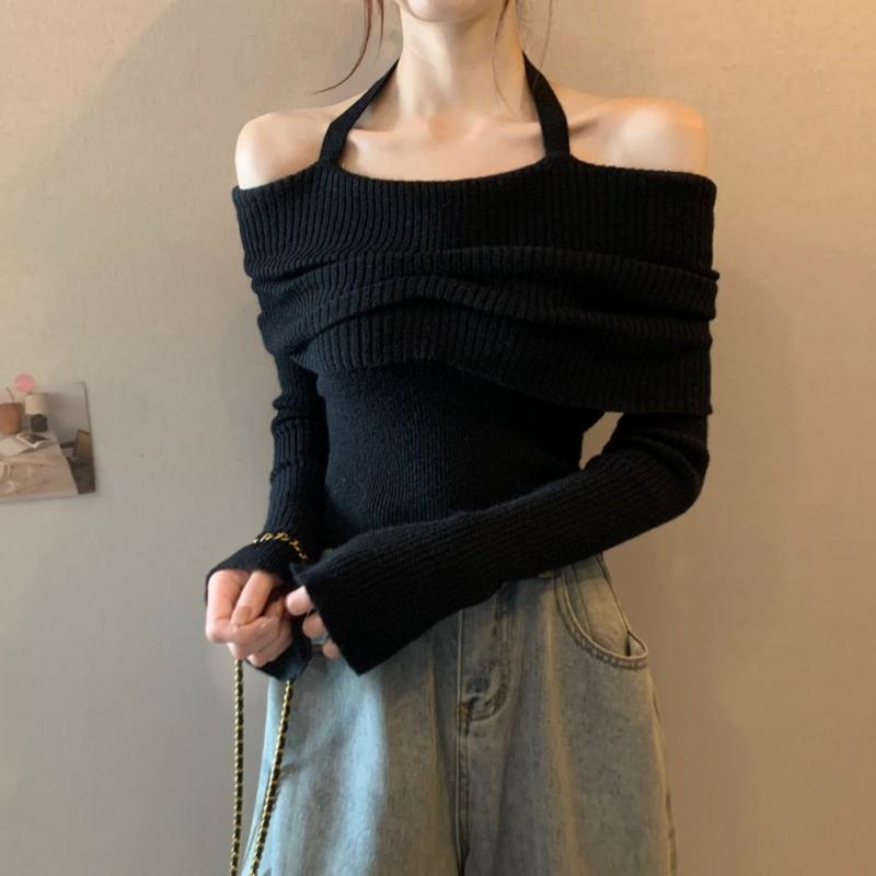 Осенне-зимние сексуальные женские свитера с разрезом на плече, с длинным рукавом, облегающие трикотажные свитера, топы, женские пуловеры с открытыми плечами, трикотажные изделия 24952
