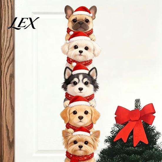 Removable Dog Pattern Stickers Christmas Puppy Wall Stickers, Self-adhesive Decals for Walls Doors, PVC Stacked Puppies Art Decor with Santa Hats And