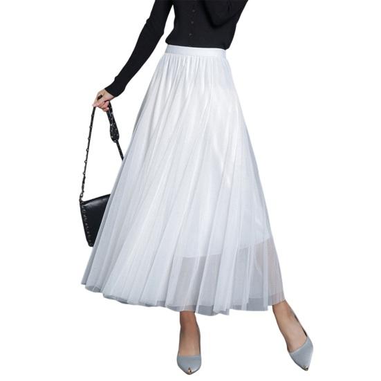 Women Midi Skirt Elastic High Waist Long Skirt with Solid Mesh Hem Solid Color A-Line Skirt Daily Wear