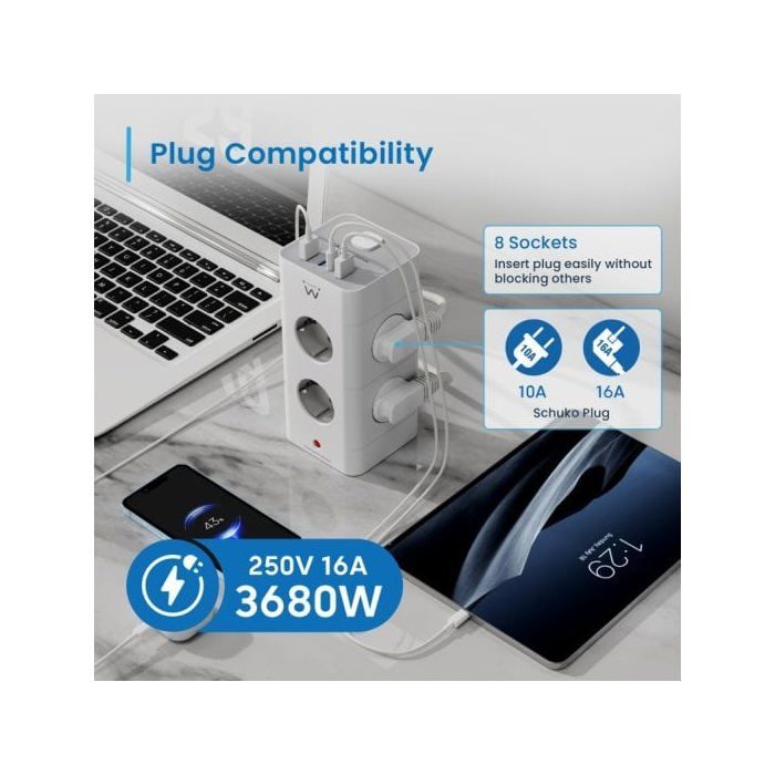 Ewent EW3864 Regleta en Bloque 8 Tomas Shucko + 2x USB-A + 2x USB-C 5V/3A PD/QC 3.0 Blanca