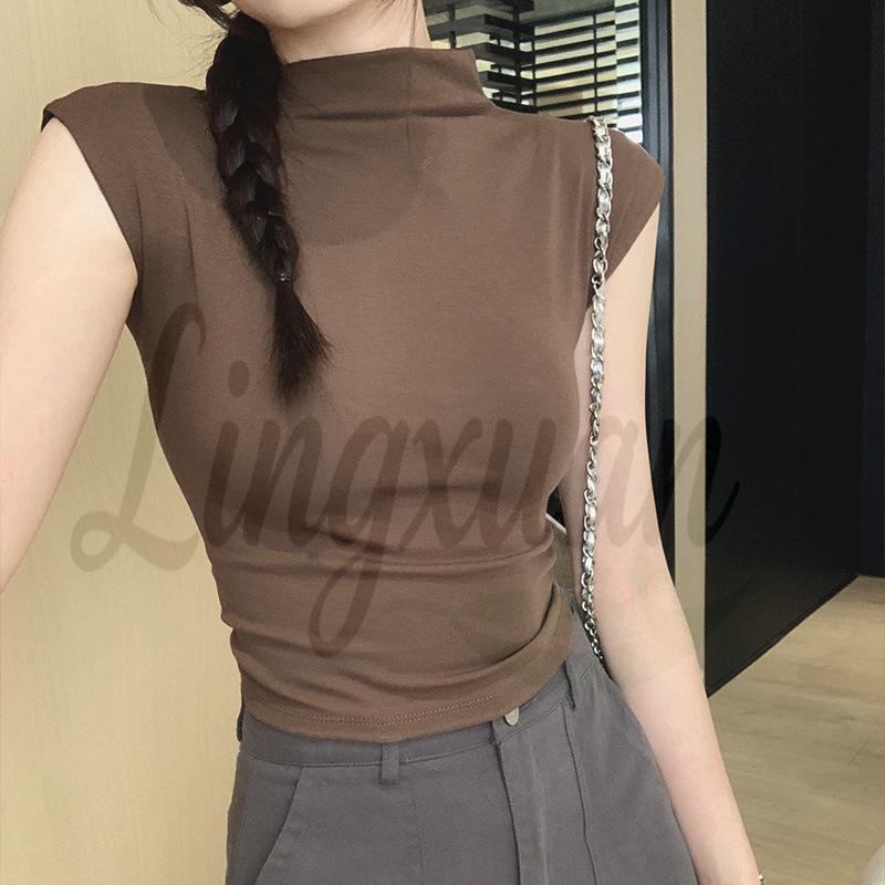 Женская облегающая футболка с открытой спиной: Летний, без рукавов, с полувысоким воротником, стиль 'hot girl'