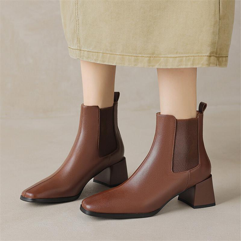 Модные новые осенне-зимние женские ботинки из коровьей кожи, модные короткие ботинки с квадратным носком и массивным каблуком, женские ботинки большого размера на высоком каблуке