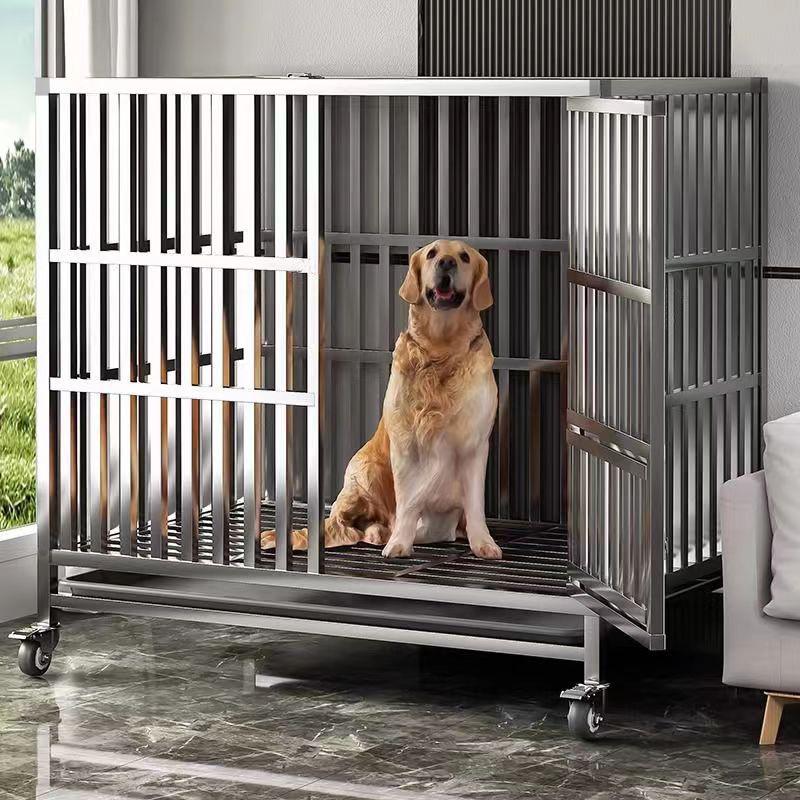 Stainless Steel Medium Folding Dog Cage with Toilet for Indoor Use - Suitable for Border Collies, Golden Retrievers, and Medium-Large Dogs.