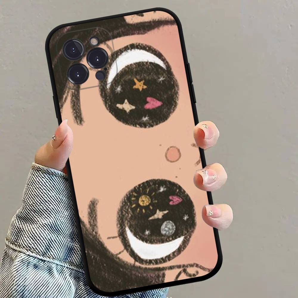 Кавайная Милая Черная Большие Глаза Крутая Чехол для Телефона Для iPhone 17 16 15 14 13 12 11 Pro Max Plus Mini Мягкий Силикон Черный Ударопрочный ТПУ