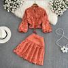Retro Temperament V-neck Hollow Embroidered Lantern Sleeve Short Shirt Women's Two-piece Hit High Waist Slim A-line Skirt