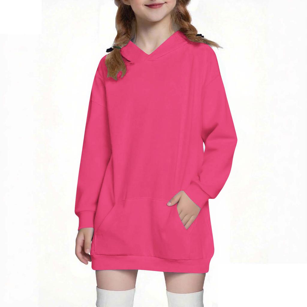 Children's Fashion Solid Color Long Sleeved Hooded Sweatshirt Girls' Mid Length Hoodie Top