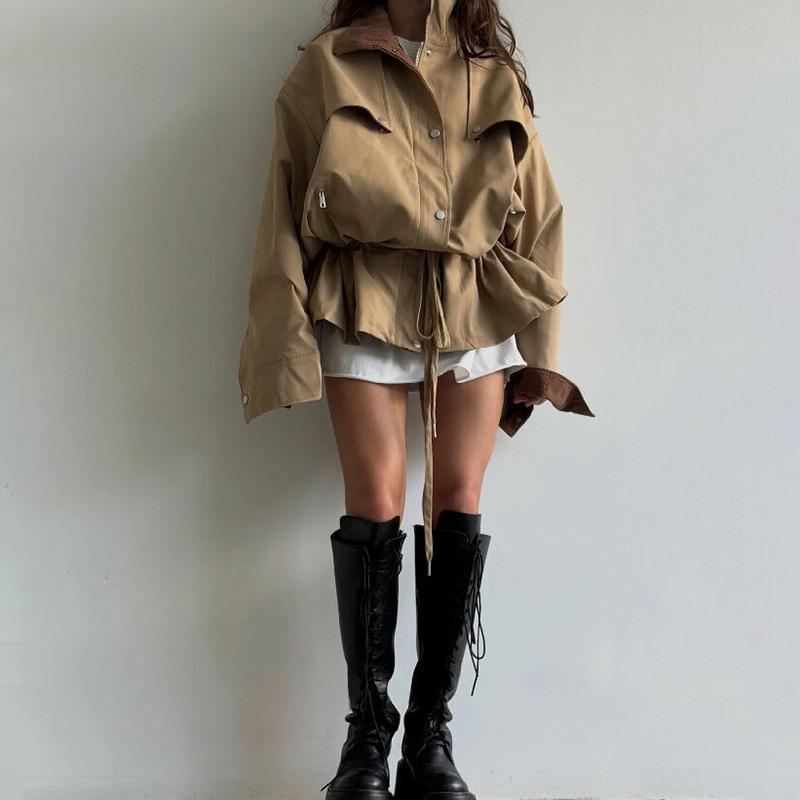 Womens Mid-length Trench Coat 2026 Fall Drawstring Waist Casual Street Style Jacket