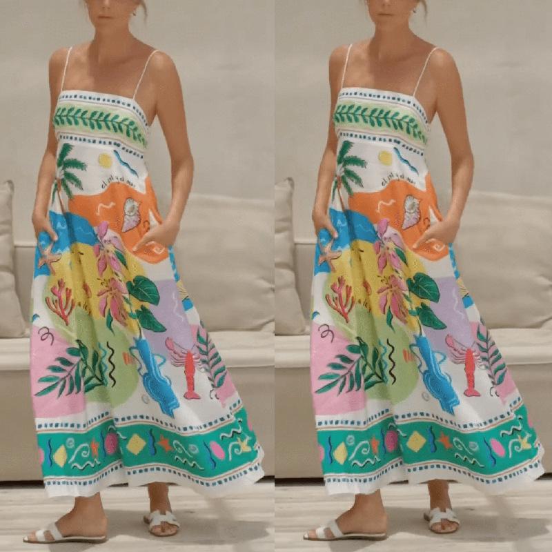 European and American 2024 Summer Women's Sexy Sleeveless Printed Swing Dress