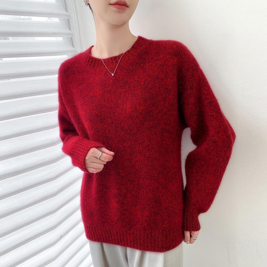 Women's Heather Yarn 100% Wool Round Neck Knit Pullover - Seven-Stitch, Long Sleeve, Lazy Style Base Layer