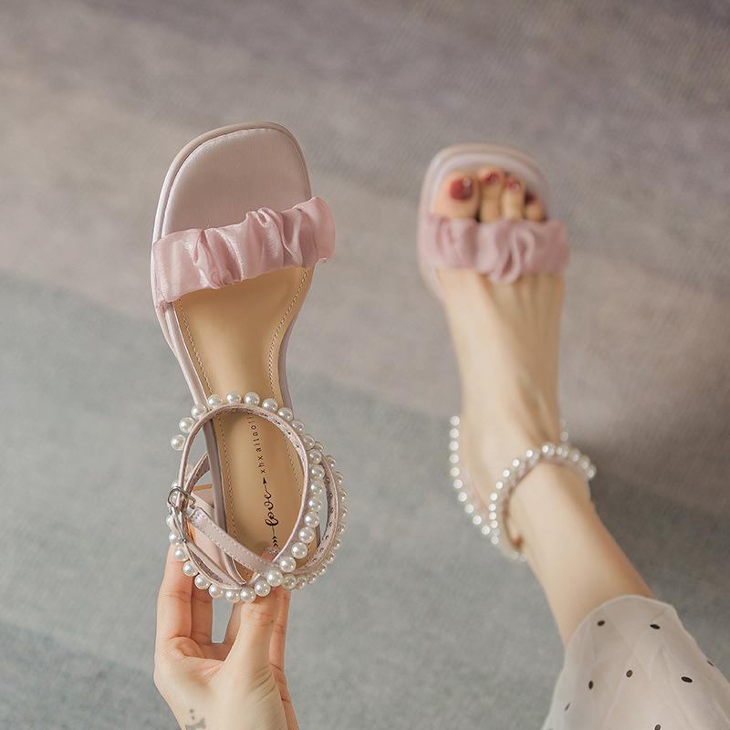 Leather flat for Huizhou women's shoes heels with sandals, summer new open-toed high-heeled sandals