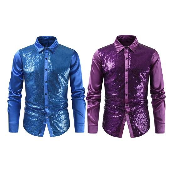 Мужская рубашка для выступлений с блестящими пайетками и отложным воротником, однобортная атласная рубашка с длинными рукавами и пуговицами для клубных вечеринок и сценических шоу