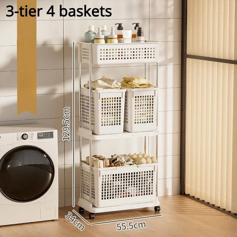Laundry Storage Trolley 2/3 Tier Household Breathable Net Layered Bathroom Washing Shelf Movable Handheld Dirty Laundry Trolley
