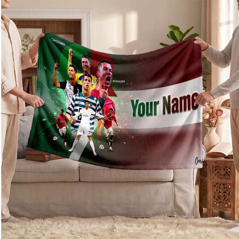 Cristiano Ronaldo Personalized Fleece Blanket With Football Logo, Custom Name Text Soft Warm Home Throw Blanket
