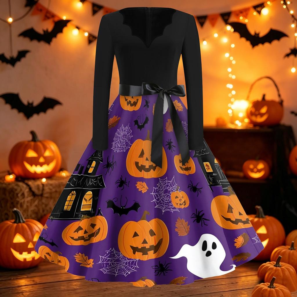 Women's Casual Halloween Print V Neck Vintage Style Dress Long Sleeve Fit and Flare Midi Dress with Waist Tie Belt