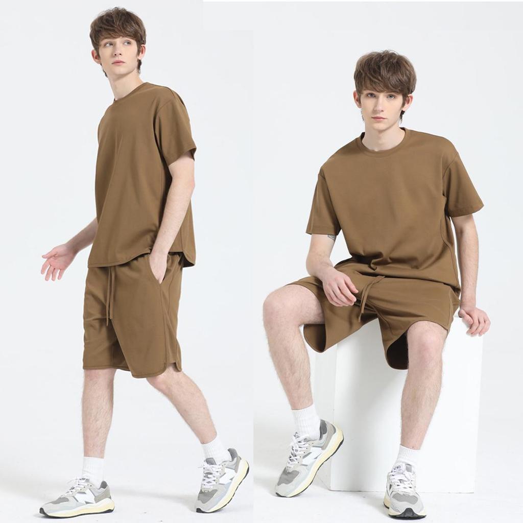 Мужской комплект из двух предметов: верх-нижний, хлопок, полиэстер, футболка с короткими рукавами, четверть брюки на шнурке, однотонные свободные рубашки и шорты, повседневная спортивная одежда