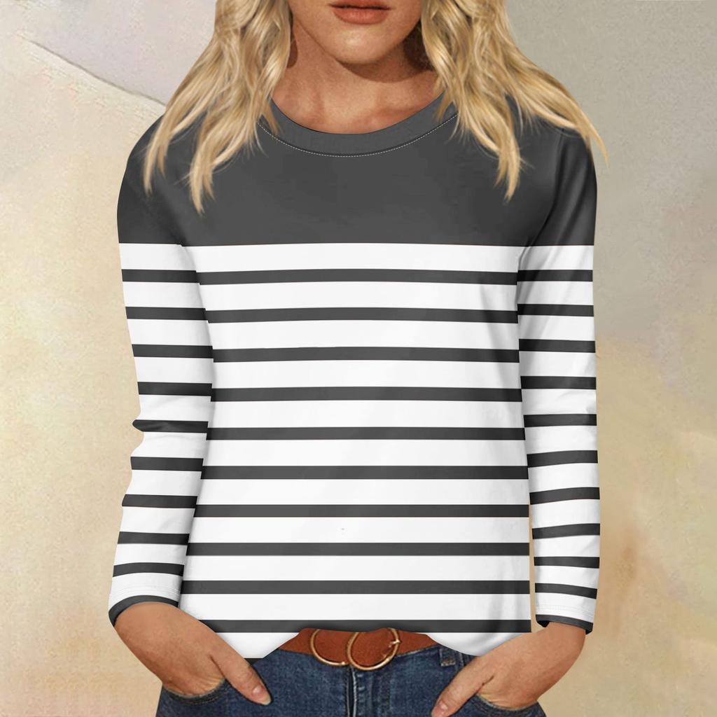 Рубашки с длинным рукавом для женщин, футболки в полоску с графическим принтом, блузки, повседневные базовые топы больших размеров, пуловеры