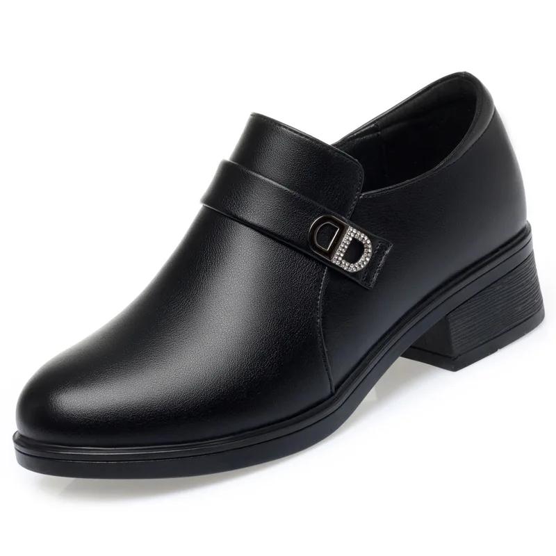 Fashion Spring Deep Mouth Block Heels Women Shoes Comfort Fashion Breathable Round Toe Soft Leather Soft Sole Office Black Shoes