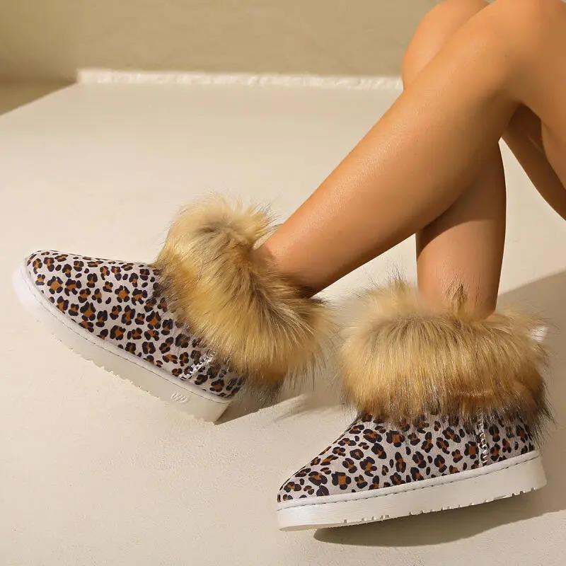Модные леопардовые пушистые нескользящие зимние ботинки женские 2025 зимние теплые короткие плюшевые ботильоны роскошные ботильоны с отделкой из искусственного меха