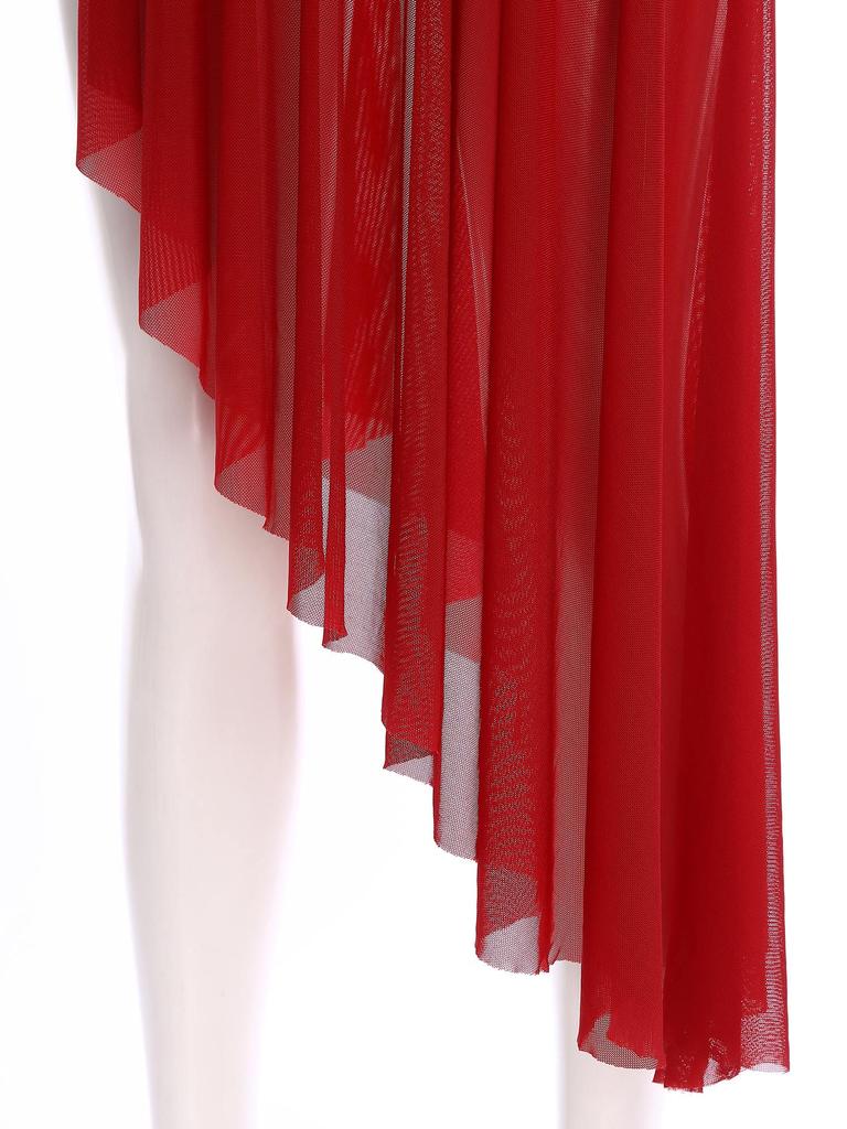 Women Asymmetrical Lyrical Dance Dress S-XXL - Mock Neck Cutout Sheer Mesh Patchwork Shiny Rhinestones Side Split Dancewear