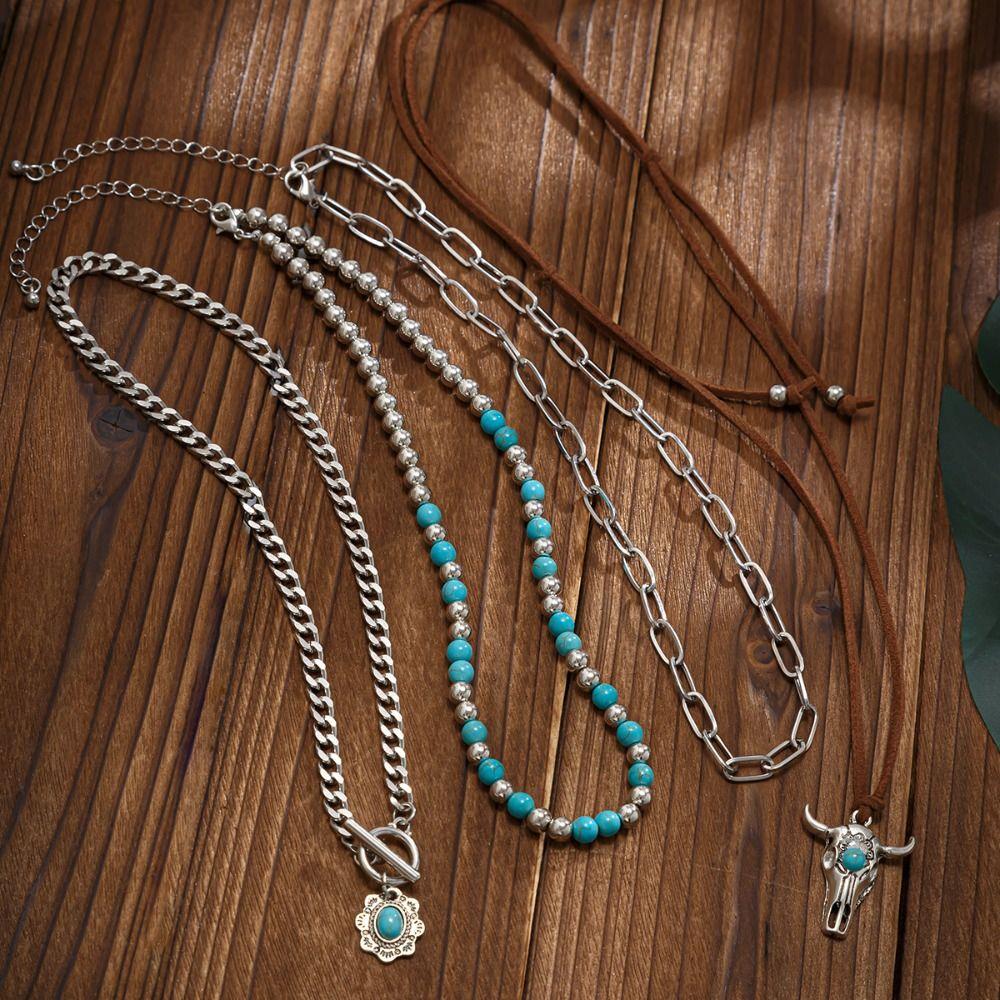 1 SET Ethnic Style Multilayer Turquoise Necklace Stacked Bohemian Style Clavicle Chain Girls