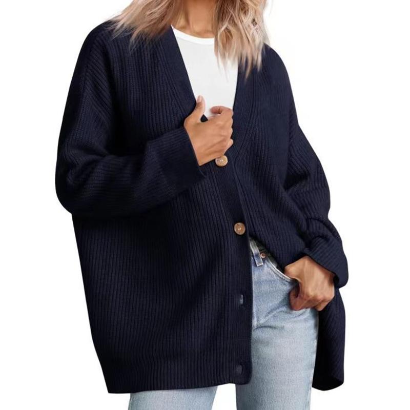 Women’s Casual Solid Knitted Cardigan Sweater V-neck Long Sleeve Button Down Warm Sweater for Lady Soft Comfortable Warm Simple Sweater