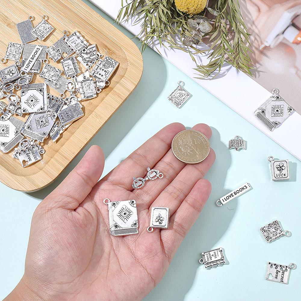 60Pcs 10 Styles Tibetan Style Alloy Pendants, Mixed Shapes, Antique Silver, 11~27x11~21.5x1.5~6mm, Hole: 1.6~2mm, 6pcs/style