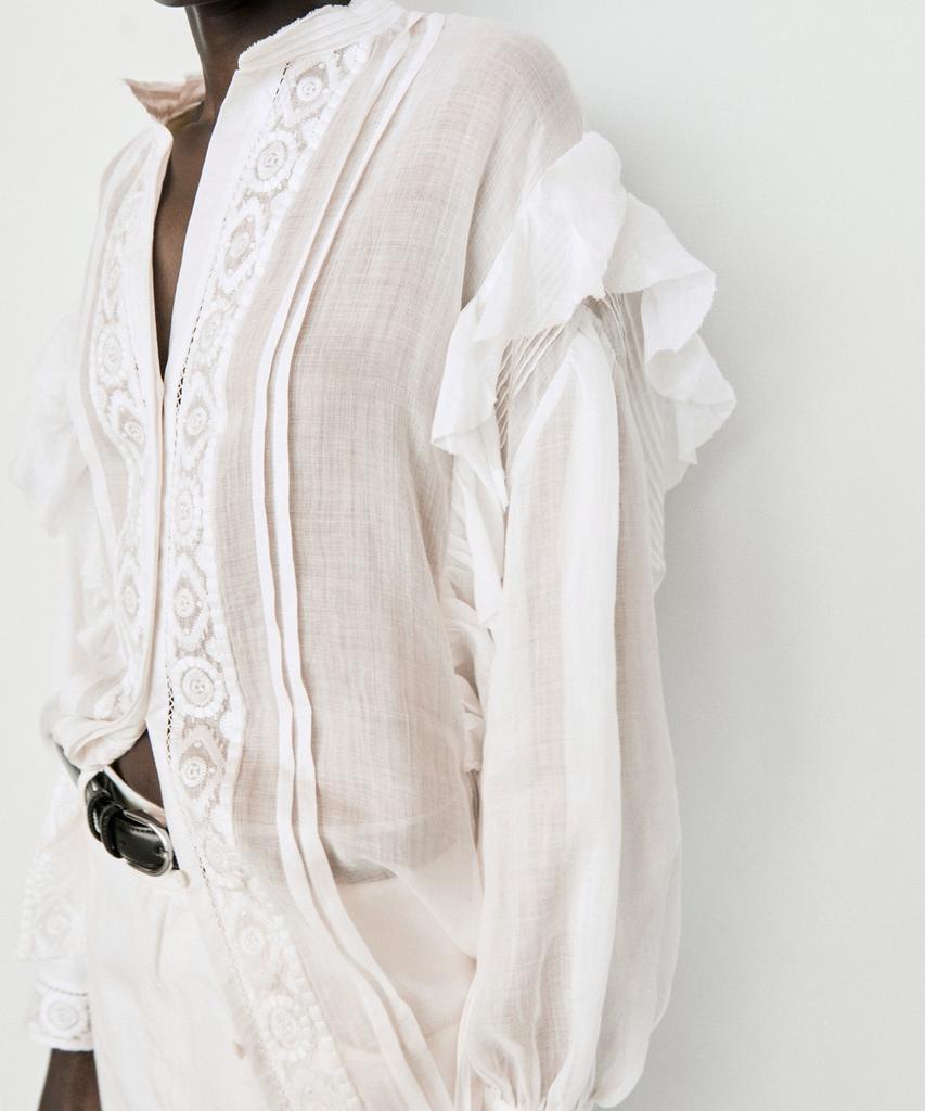 Masimodutti Blouse With Stand Collar Embroidery And Ruffle Details