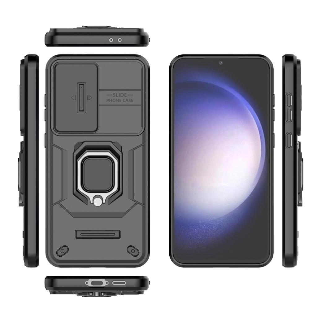 Чехол для Samsung Galaxy S24 FE с кольцом-подставкой, PC+TPU, защита камеры со сдвижной шторкой