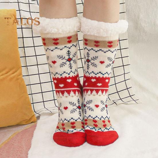 1 Pair Winter Floor Socks Thickened Fuzzy Plush Warmth Retention Christmas Elk Snowflake Print Leg Warmer Silicone Bottom Fall Winter Floor Socks