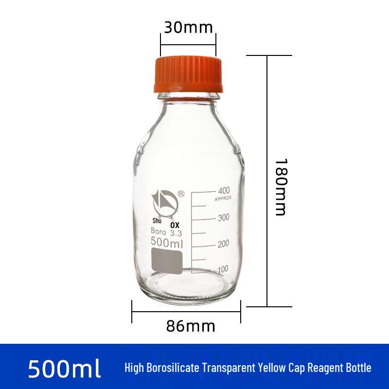 Borosilicate Glass Reagent Bottles: Blue, Yellow, and Brown Caps Included