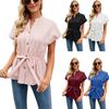 Women's Summer Fashion Solid V-Neck Button Belt Pure Cotton Casual Loose Short Sleeve Top Shirt
