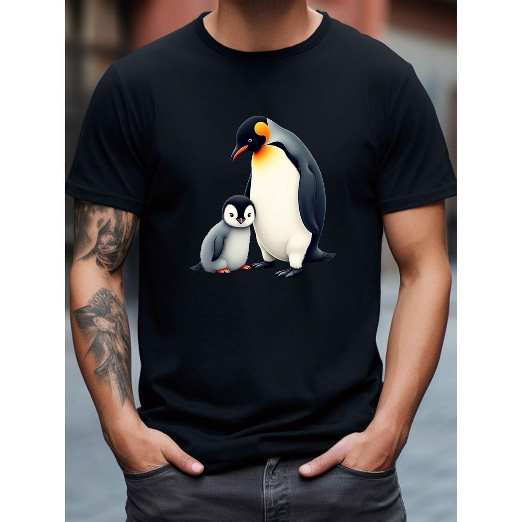 Two Penguins Graphic Print Men's T-Shirt Breathable Cotton Round Neck Short Sleeve Summer Casual Tee