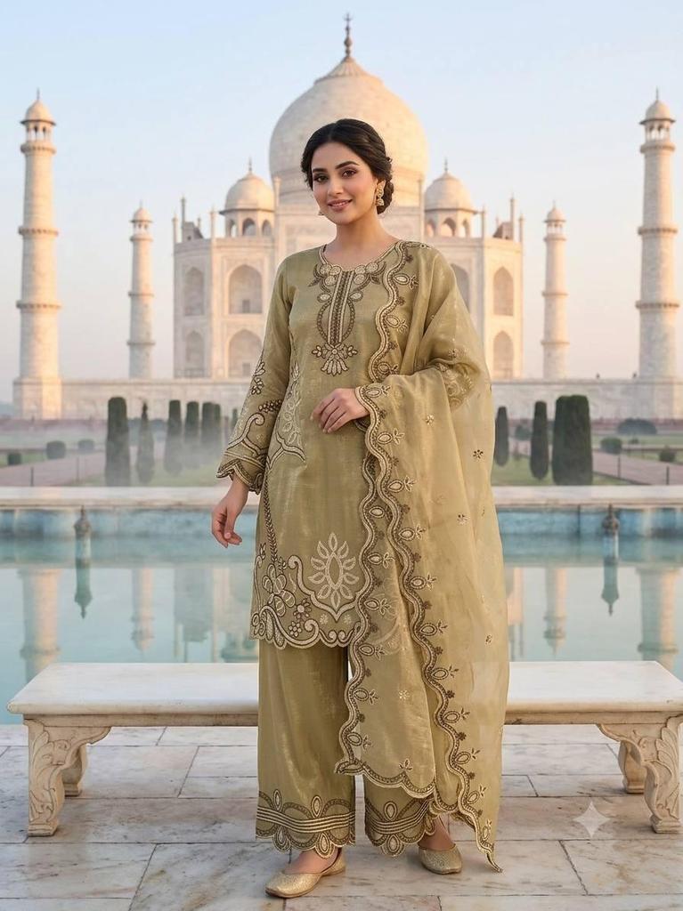 Regal Olive Gold Tissue Silk Embroidered Palazzo Suit Set