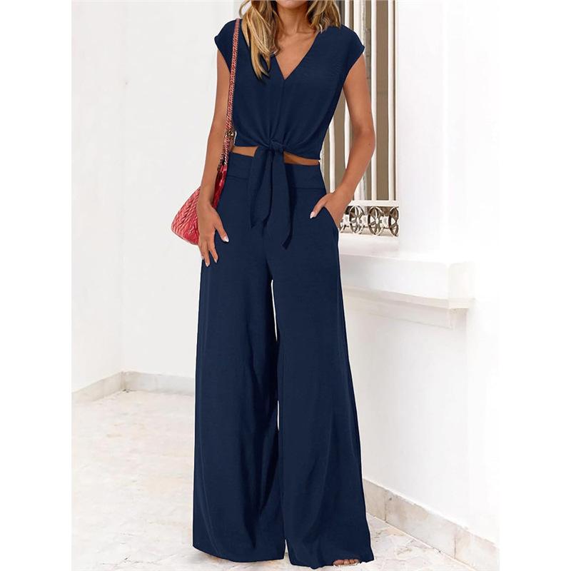 Spot 1116 summer European and American women's clothing V-neck lace-up open-button top high-waisted wide-leg pants two-piece set