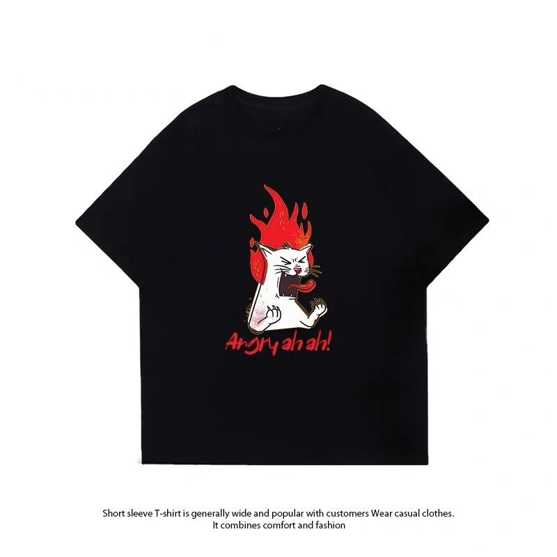 ZAZOMDE Edgy Street Fashion Tshirt Angry Screaming Cat Flame Cartoon Front Print O Neck Loose Oversized Casual Shirts Unisex Unisex