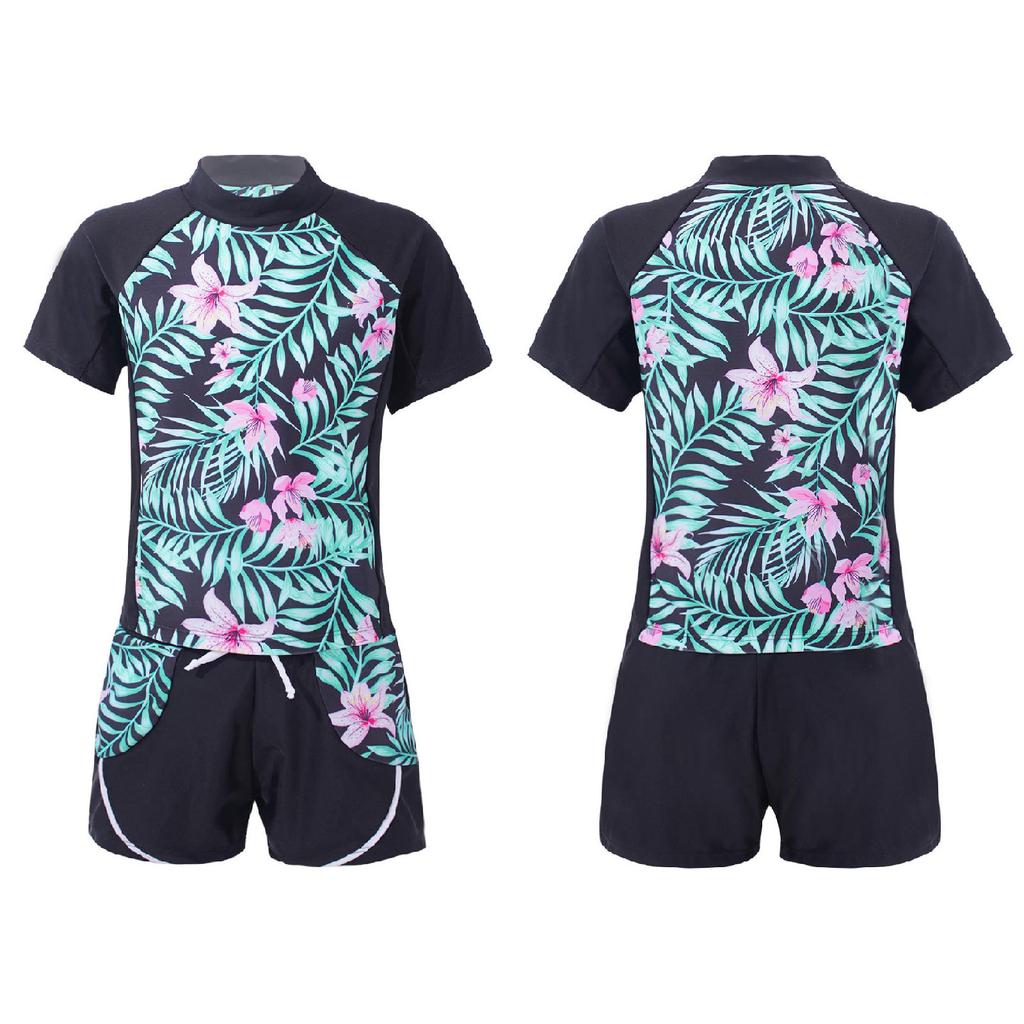 Kids Girls Rash Guard Flower Printed Tankini Set T-Shirt with Swim Short Pants Swimsuit Bathing Suit