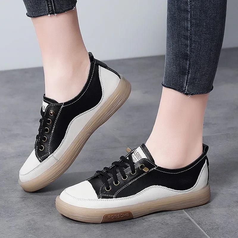 Fashion Genuine Leather Shoes for Women Luxury Casual Shoes Low Top Flat Women Tennis Sneakers Wide Toe Soft Ladies Little While Shoe