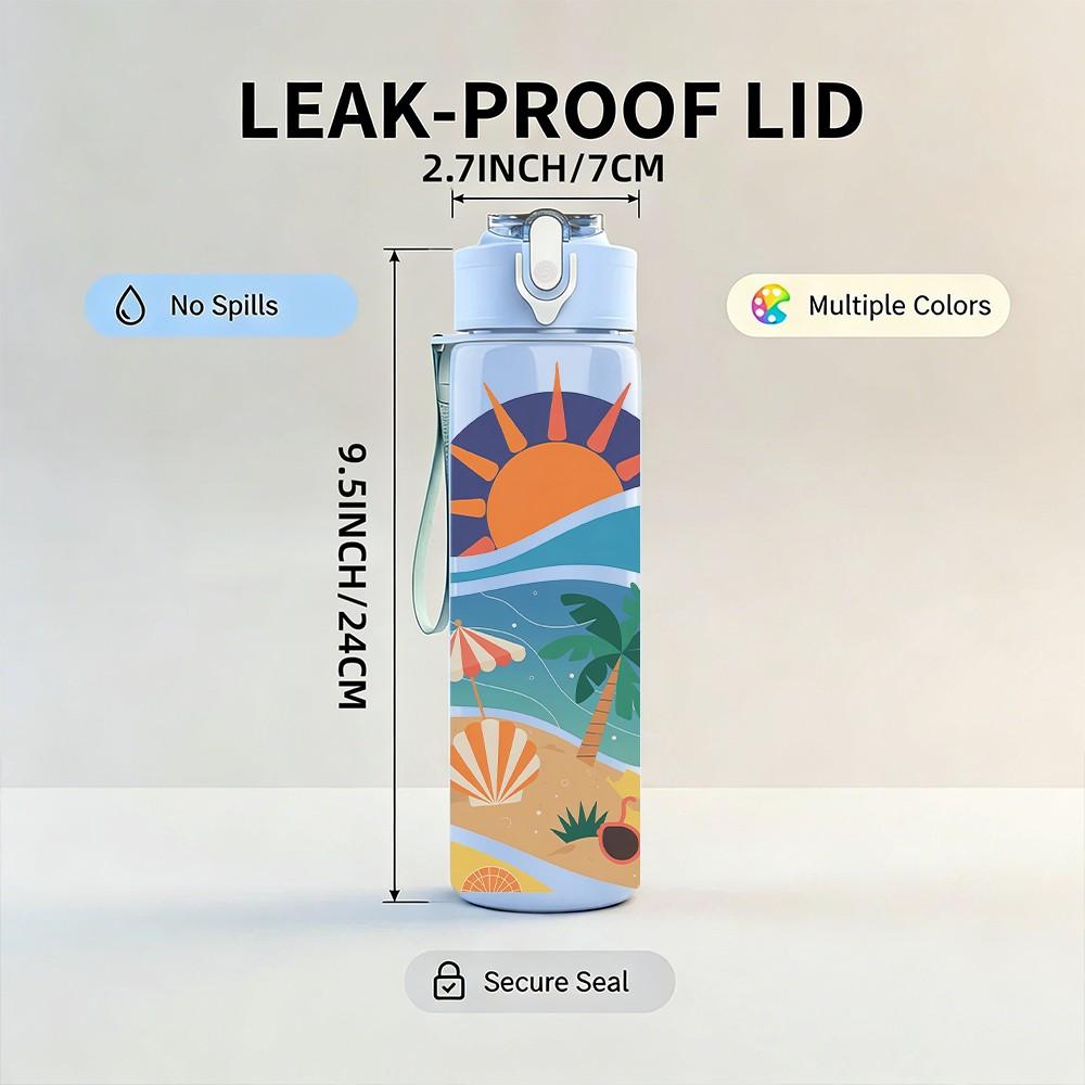 1PC Surfboard Sunset Tropical Beach Retro Print 750ml Color Plastic Sports Water Bottle Leakproof Flip Straw Lid Suitable for Sports Office Home Use