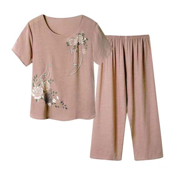 2 Pcs/Set Women T-shirt Pants Set Homewear Outfit Solid Color Floral Print Round Neck Short Sleeve Top Wide Leg Elastic Waist Loose Pants Pajamas