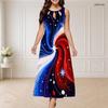Women Plus Size Sleeveless Long Dress Round Neck Triple Keyhole Cutout Eagle Flag Print Red Blue White