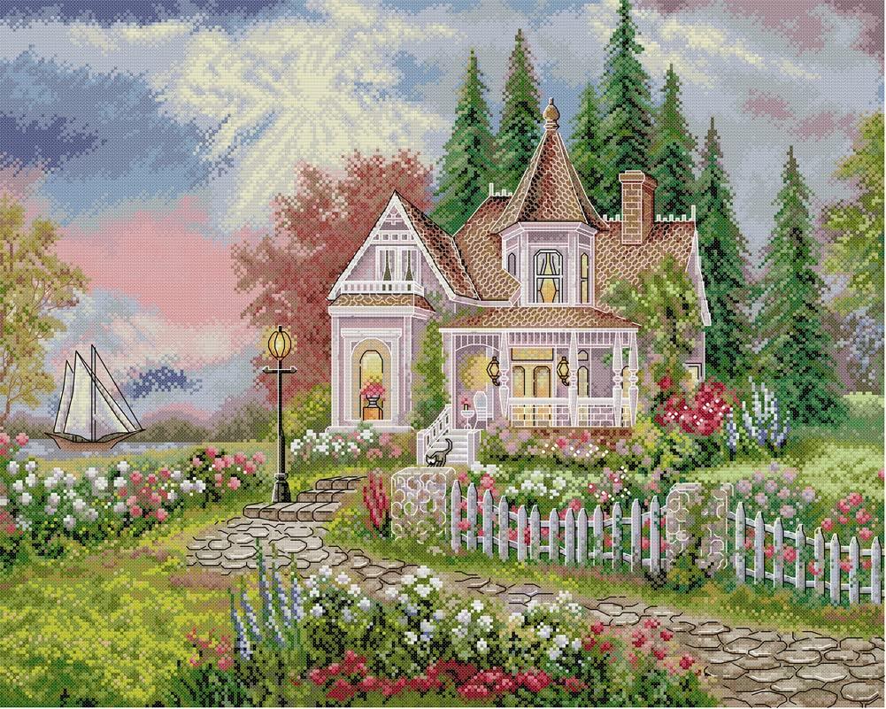 Awesocrafts Cross Stitch Stamp Kit Cozy Evening Easy Pattern Cross Stitch Embroidery Needlework Kit 14CT 2 Strands